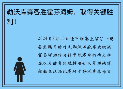 勒沃库森客胜霍芬海姆，取得关键胜利！