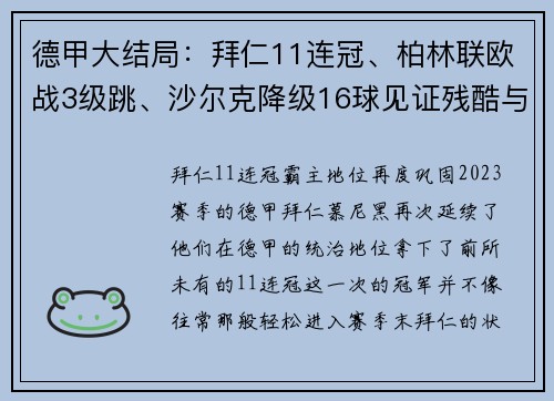 德甲大结局：拜仁11连冠、柏林联欧战3级跳、沙尔克降级16球见证残酷与荣耀