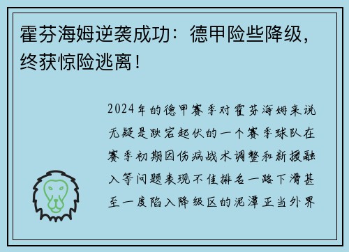 霍芬海姆逆袭成功：德甲险些降级，终获惊险逃离！