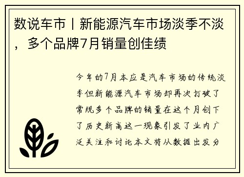 数说车市丨新能源汽车市场淡季不淡，多个品牌7月销量创佳绩