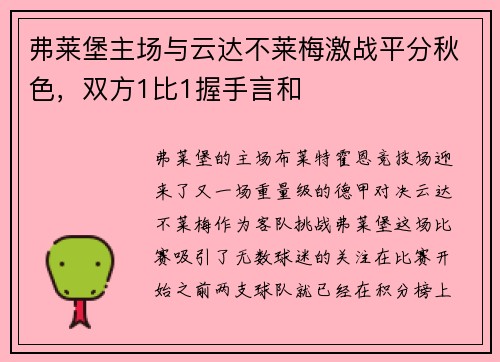 弗莱堡主场与云达不莱梅激战平分秋色，双方1比1握手言和