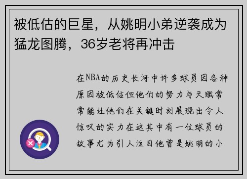 被低估的巨星，从姚明小弟逆袭成为猛龙图腾，36岁老将再冲击